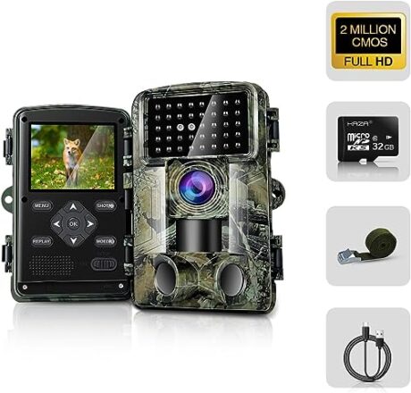 HAZA Wildkamera,58MP FULL HD mit 32G Speicherkarte Bewegungsmelder Nachtsicht 2-Millionen Linsensensor Wildtierkamera 2.0" Videobildschirm Infrarot Wildcamera Outdoor Wasserdicht Tierkamera  